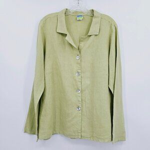 Sunny Side Up Linen Top L Button Up Green Long Sleeve Mother of Pearl USA Made
